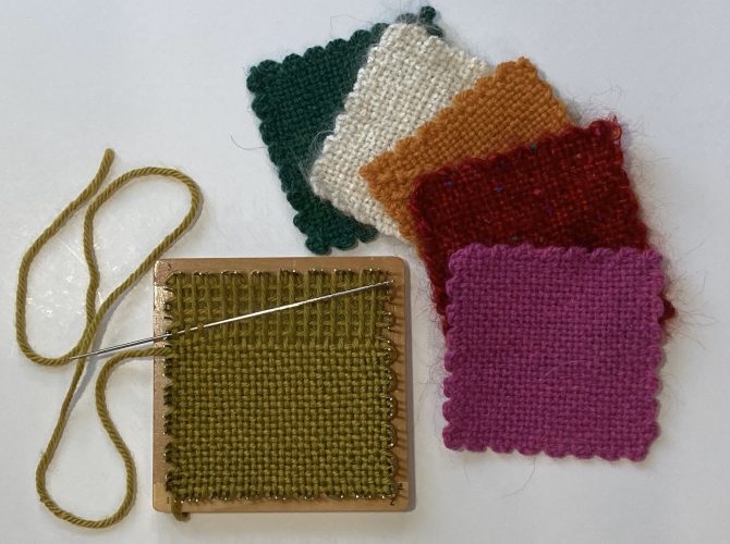 A set of woven squares and a pin loom with weaving in progress.